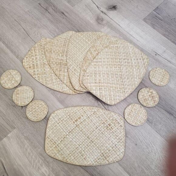 Handwoven Batik Table Mats & Coasters Set Of 12 - Natural & Multicolor Design - Picture 4 of 8